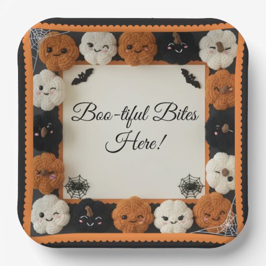 Schattigee gehaakte pompoen Halloween papier Borde Papieren Bordje (Voorkant)