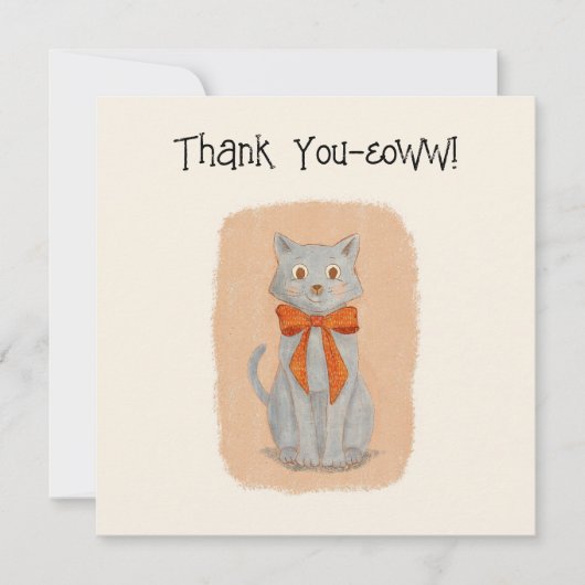 Schattigee geïllustreerde grijze kat met boog bedankkaart (Voorkant)