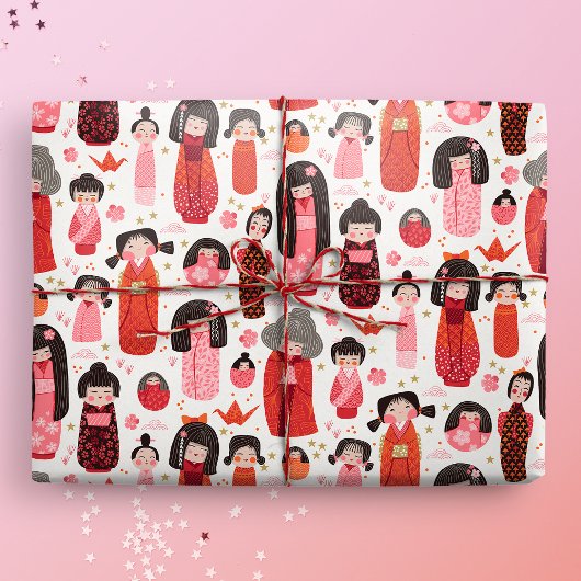 Schattigee geïllustreerde Japanse Kokeshi Cadeaupapier
