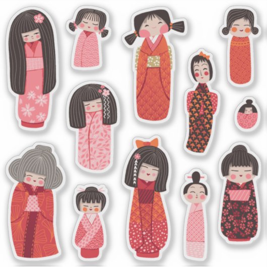 Schattigee geïllustreerde Japanse Kokeshi Sticker (Voorkant)
