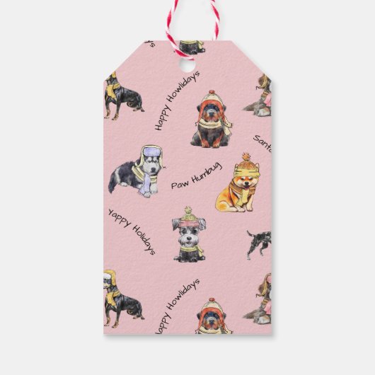 Schattigee geïllustreerde kerstterriër roze winter cadeaulabel (Achterkant)