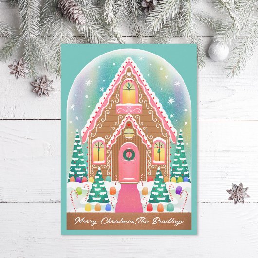 Schattigee geïllustreerde peperkoek sneeuwbol feestdagenkaart