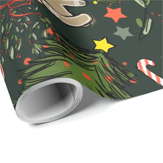 Schattigee Geïllustreerde Retro Kerst Donkergroen Cadeaupapier (Rol Hoek)