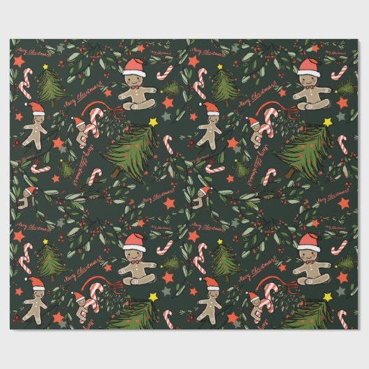 Schattigee Geïllustreerde Retro Kerst Donkergroen Cadeaupapier (Vlak)