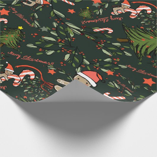 Schattigee Geïllustreerde Retro Kerst Donkergroen Cadeaupapier (Hoek)