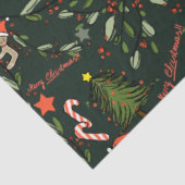 Schattigee Geïllustreerde Retro Kerst Donkergroen Tissuepapier (Detail)