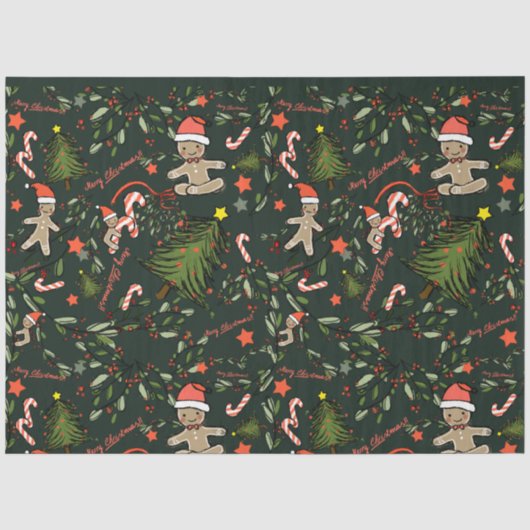 Schattigee Geïllustreerde Retro Kerst Donkergroen Tissuepapier (Voorkant)