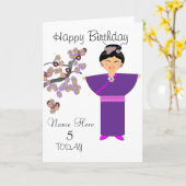 Schattigee Geisha Girl Gepersonaliseerde Verjaarda Kaart (Gele Bloem)