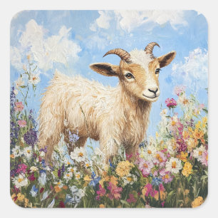 Schattigee geit omgeven door wilde bloemen vierkante sticker
