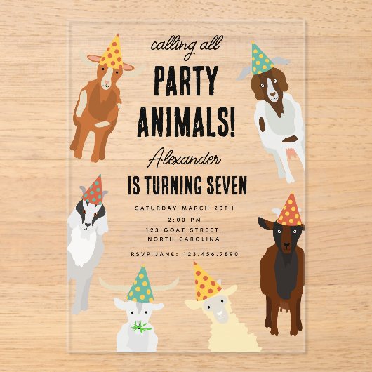 Schattigee Geiten Boerderij Partij Dieren Geit Ver Acryl Uitnodigingen (Voorkant)