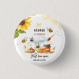 Schattigee gele bij & zonnebloem 1e bijendag verja ronde button 3,2 cm