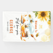 Schattigee gele bij & zonnebloem 1e bijendag verja spandoek (Horizontaal)