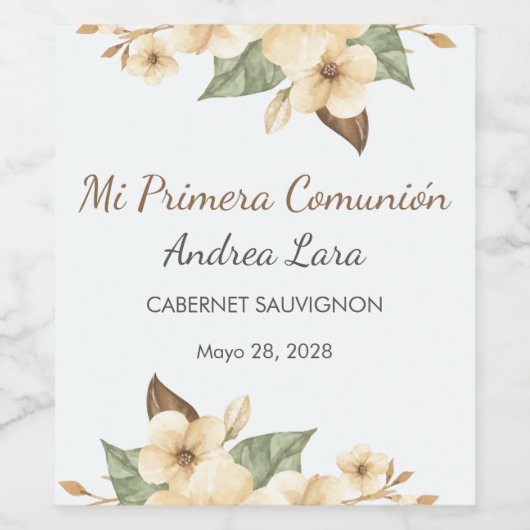 Schattigee gele bloemen spaanse eerste communie wijn etiket (Enkel label)