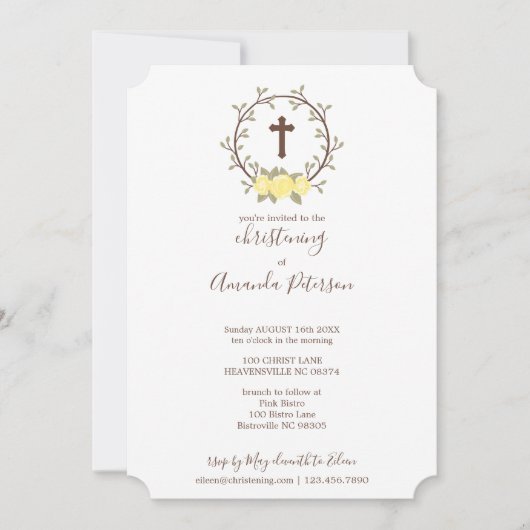 Schattigee gele bloemenkrans kruisdoop doop doopse kaart (Voorkant)