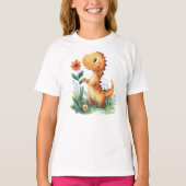 Schattigee gele dinosaurus met een bloem t-shirt (Voorkant)