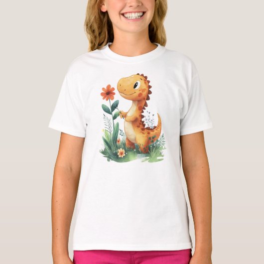 Schattigee gele dinosaurus met een bloem t-shirt (Voorkant)