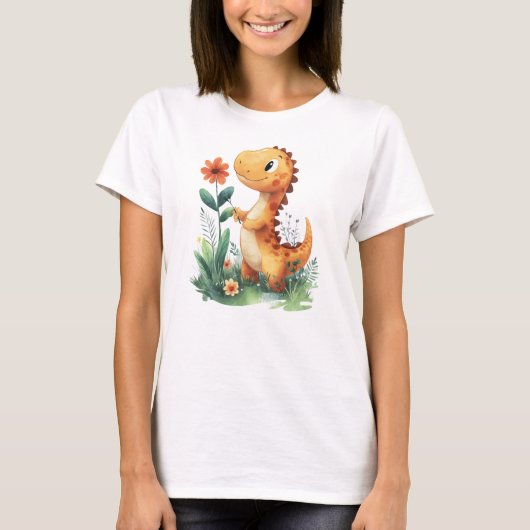 Schattigee gele dinosaurus met een bloem t-shirt (Voorkant)