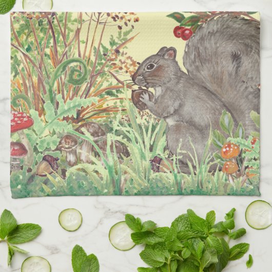 Schattigee gele eekhoorn bos scène Herfst oogst Theedoek (Gevouwen)