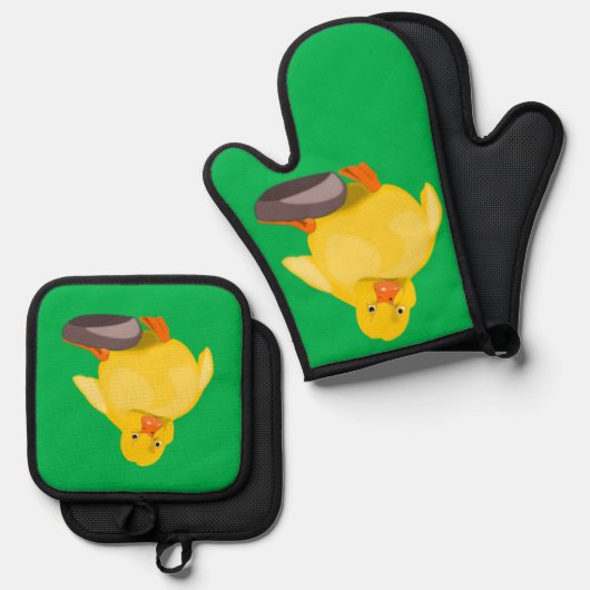 Schattigee gele eend grappige ovenwanten & pottenh ovenwant & pannenlap set (Voorkant / Achterkant)