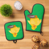 Schattigee gele eend grappige ovenwanten & pottenh ovenwant & pannenlap set (Top down)