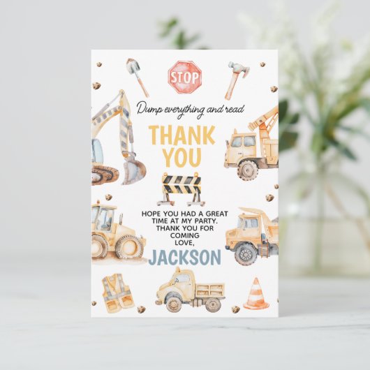 Schattigee Gele Jongens Bouw Verjaardag Bedankkaart (Staand voorkant)