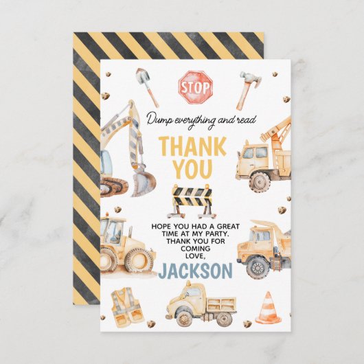 Schattigee Gele Jongens Bouw Verjaardag Bedankkaart (Voorkant / Achterkant)