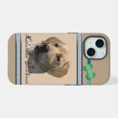 Schattigee gele labohondkunst iPhone 15 case (Achterkant horizontaal)