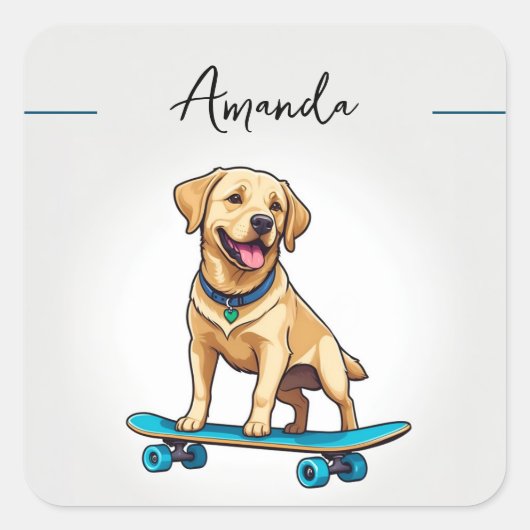Schattigee Gele Labrador Puppy op Skateboard Vierkante Sticker (Voorkant)