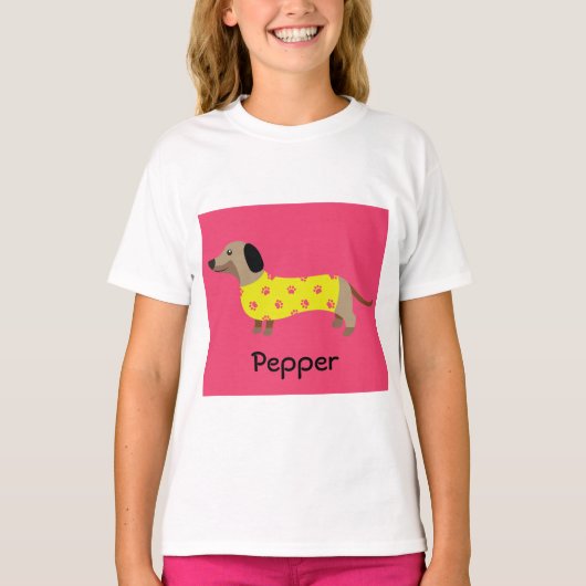 Schattigee Gele & Roze Teckel Hond Grappig T-shirt (Voorkant)