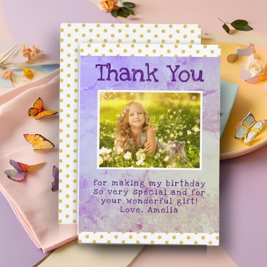 Schattigee gele sterpatroon meisje foto verjaardag bedankkaart