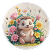 Schattigee gelukkige egel met bloemen keramische knop (Voorkant)