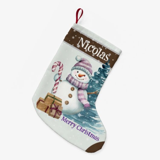 Schattigee Gelukkige Paarse Sneeuwman met Cadeaus Kleine Kerstsok (Voorkant (Hangend))