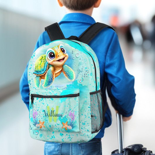 Schattigee Gelukkige Turtle Ocean Turquoise Naam M Bedrukte Rugzak