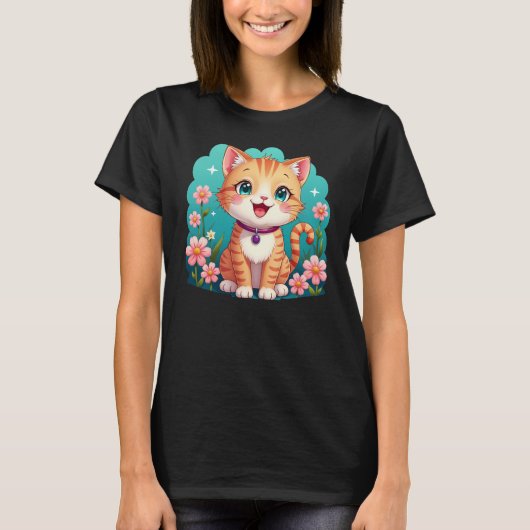 Schattigee gemberkat met bloemen - Cartoon T-shirt (Voorkant)