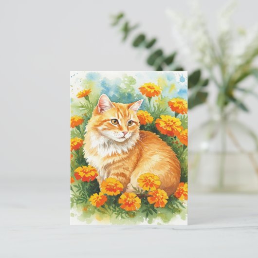 Schattigee gemberkat met goudsbloem Briefkaart (Staand voorkant)