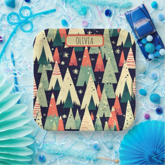 Schattigee geometrische bomen in de winter geperso papieren bordje (Feest)