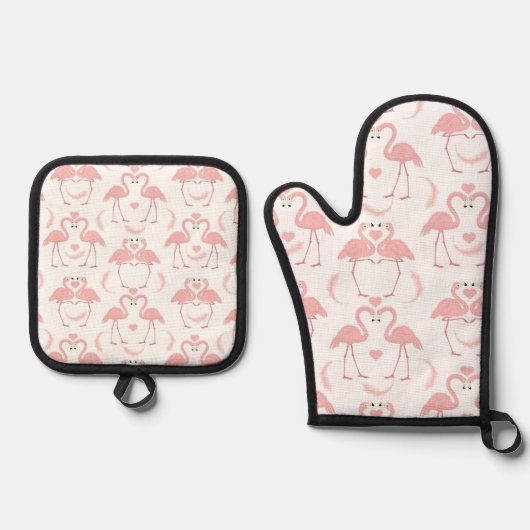 Schattigee gepaarde flamingo's ovenwant & pannenlap set (Voorkant)