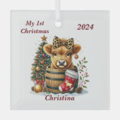 Schattigee gepersonaliseerde 1e kerst Highland Koe Glas Ornament (Voorkant)