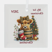 Schattigee gepersonaliseerde 1e kerst Highland Koe Glas Ornament (Achterkant)