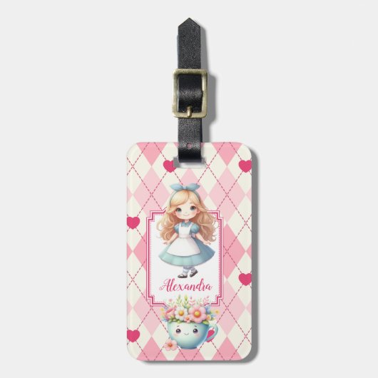 Schattigee gepersonaliseerde Alice in Wonderland Bagagelabel (Voorkant verticaal)