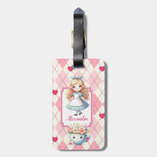 Schattigee gepersonaliseerde Alice in Wonderland Bagagelabel (Achterkant verticaal)