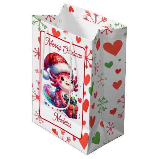 Schattigee gepersonaliseerde Axolotl Christmas Medium Cadeauzakje (Voorkant Gekanteld)