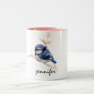 Schattigee gepersonaliseerde baby blauw jay vogel  tweekleurige koffiemok