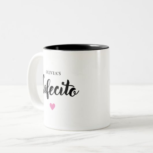 Schattigee gepersonaliseerde Cafecito Script-Mok Tweekleurige Koffiemok (Voorkant links)