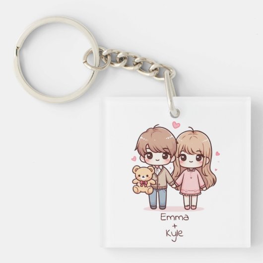 Schattigee gepersonaliseerde Chibi-stijl teddybeer Sleutelhanger (Voorkant)