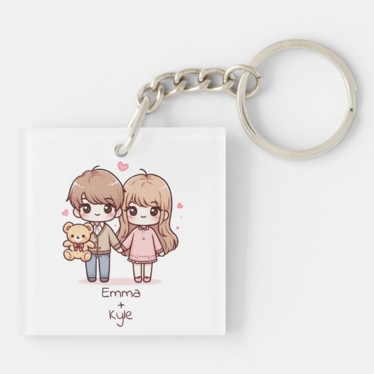 Schattigee gepersonaliseerde Chibi-stijl teddybeer Sleutelhanger (Achterkant)
