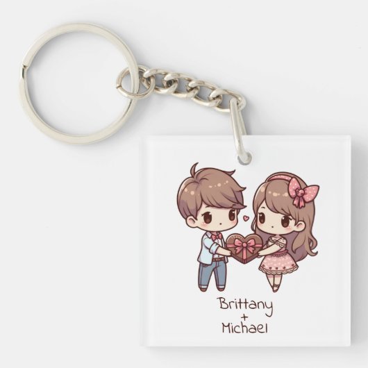 Schattigee gepersonaliseerde Chibi-stijl Valentijn Sleutelhanger (Voorkant)
