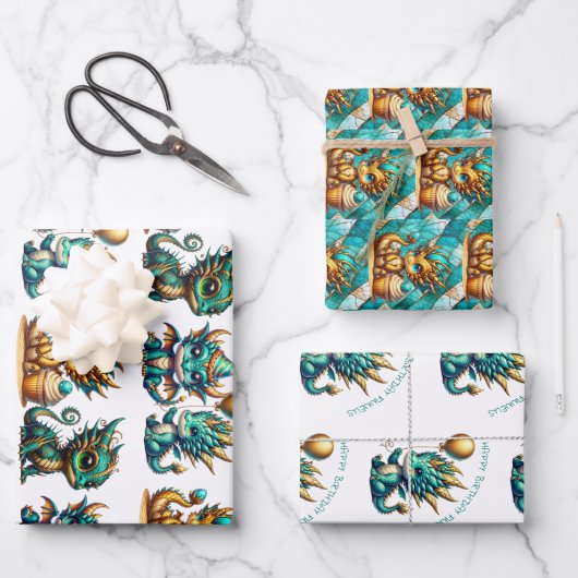 Schattigee gepersonaliseerde Dragon Thema Verjaard Inpakpapier Vel (Voorkant)