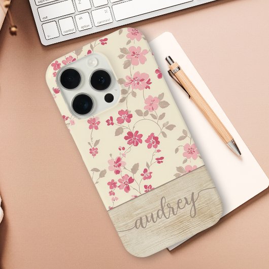 Schattigee gepersonaliseerde houten bloemenscript  Case-Mate iPhone case
