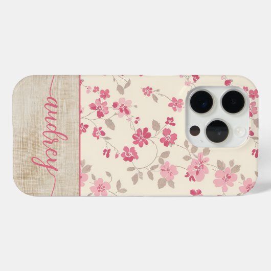 Schattigee gepersonaliseerde houten bloemenscript  Case-Mate iPhone case (Achterkant (horizontaal))